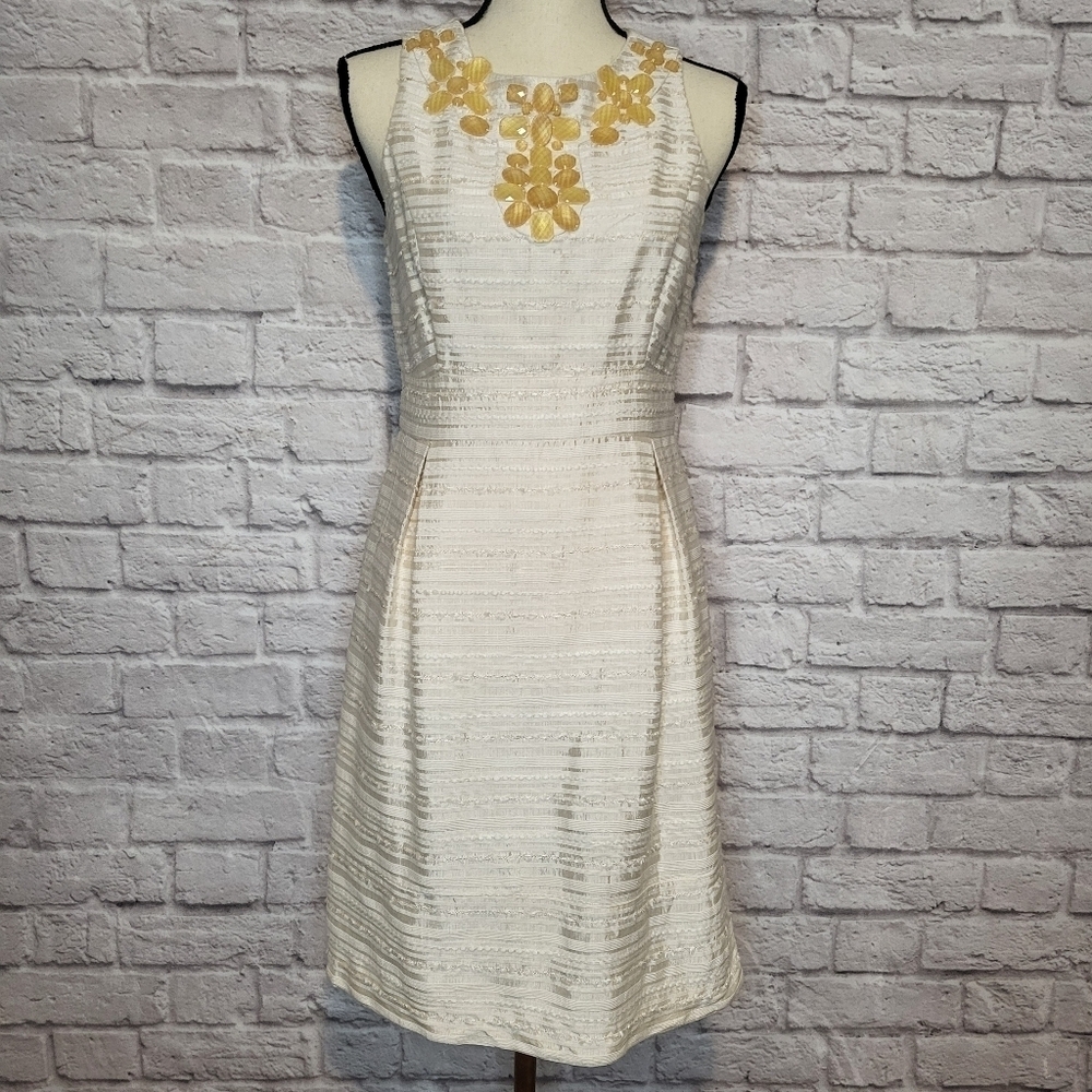 Eliza J Dress Cream Yellow Jeweled Scoop Necline Sleeveless Silk Women's Size M - Picture 3 of 15
